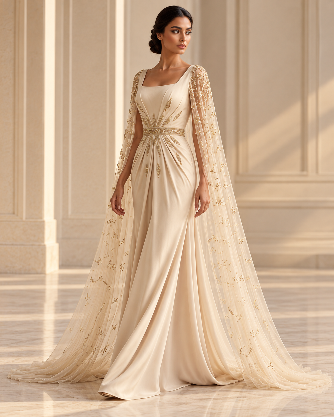 Beige Embellished Maxi Dress with Sheer Cape