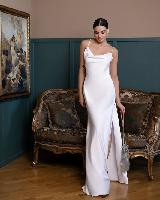 A-Mora Silk-Flow Back Draped Gown (White)