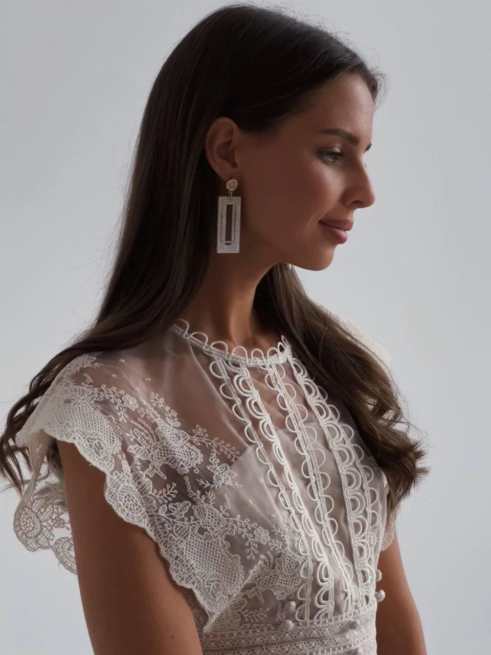 Embroidered Lace Midi Dress — Beige