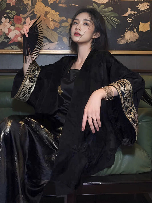 Black Brocade Dress & Embroidered Kimono Set