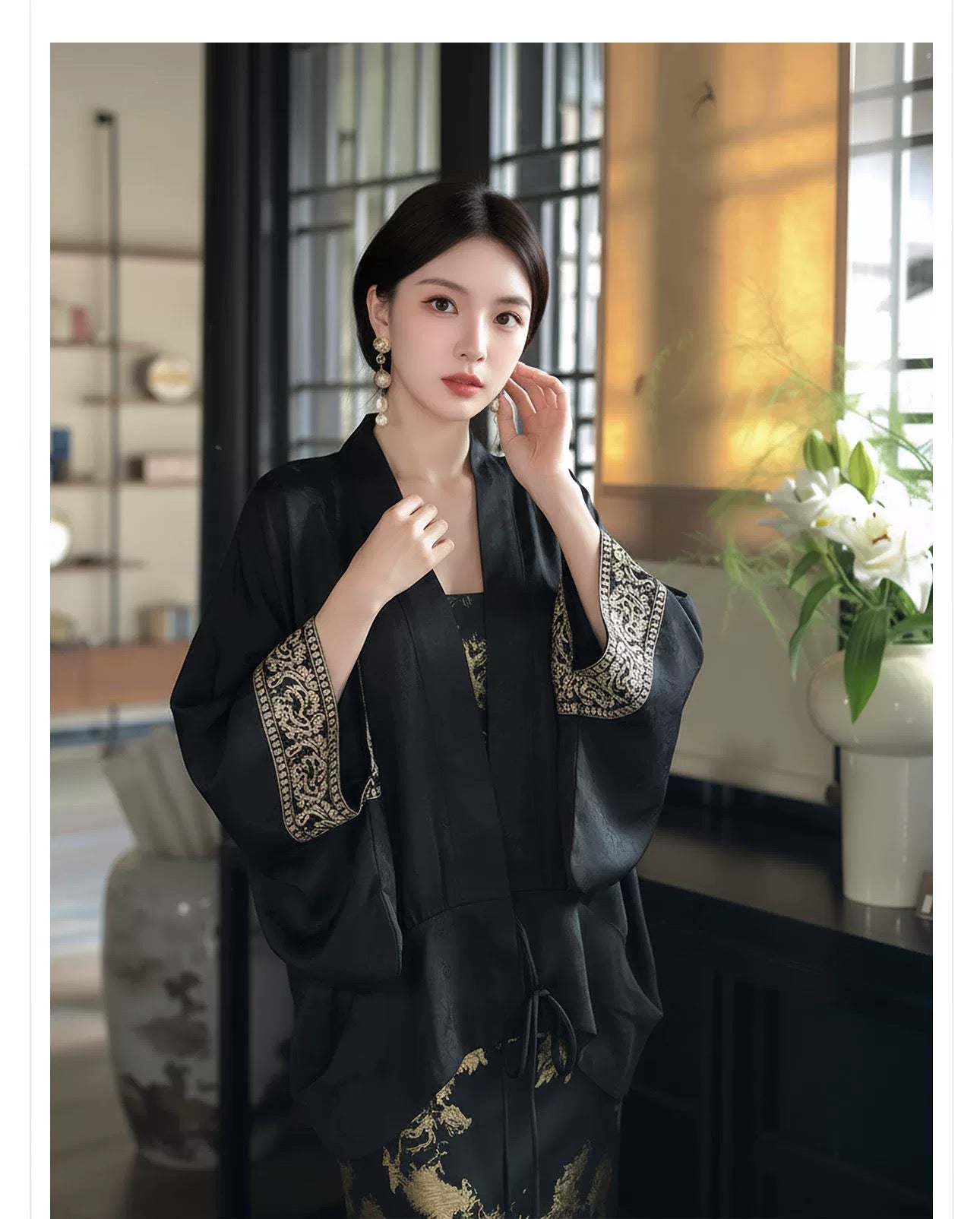 Black Embroidered Satin Kimono