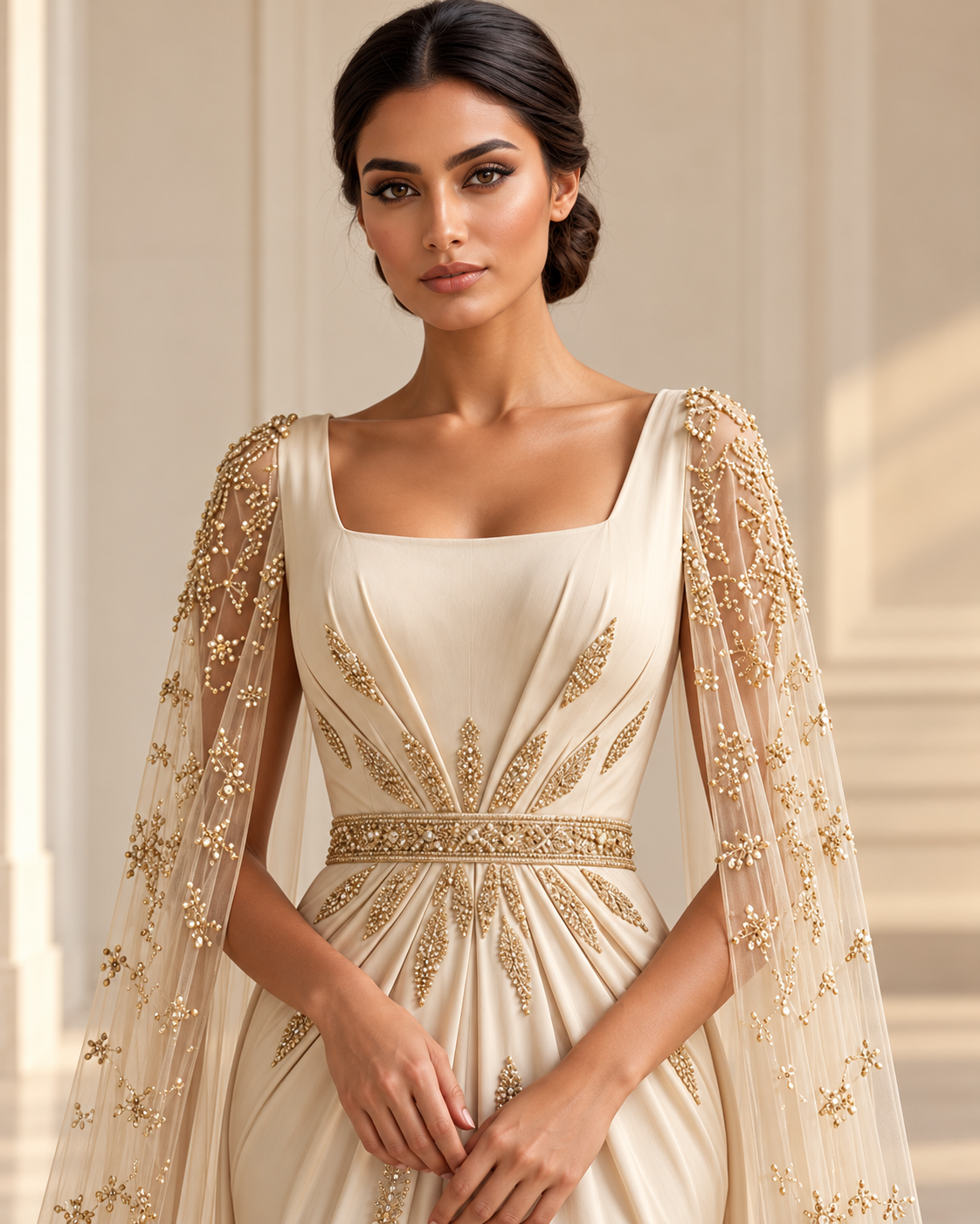Beige Embellished Maxi Dress with Sheer Cape