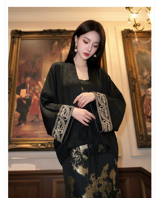 Black Embroidered Satin Kimono
