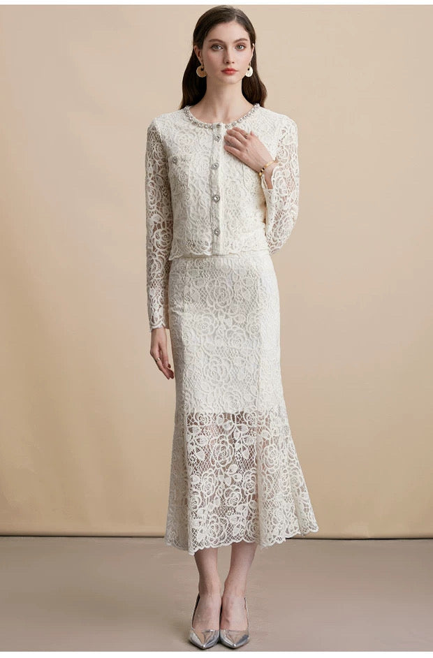 Elara Lace Midi Dress White