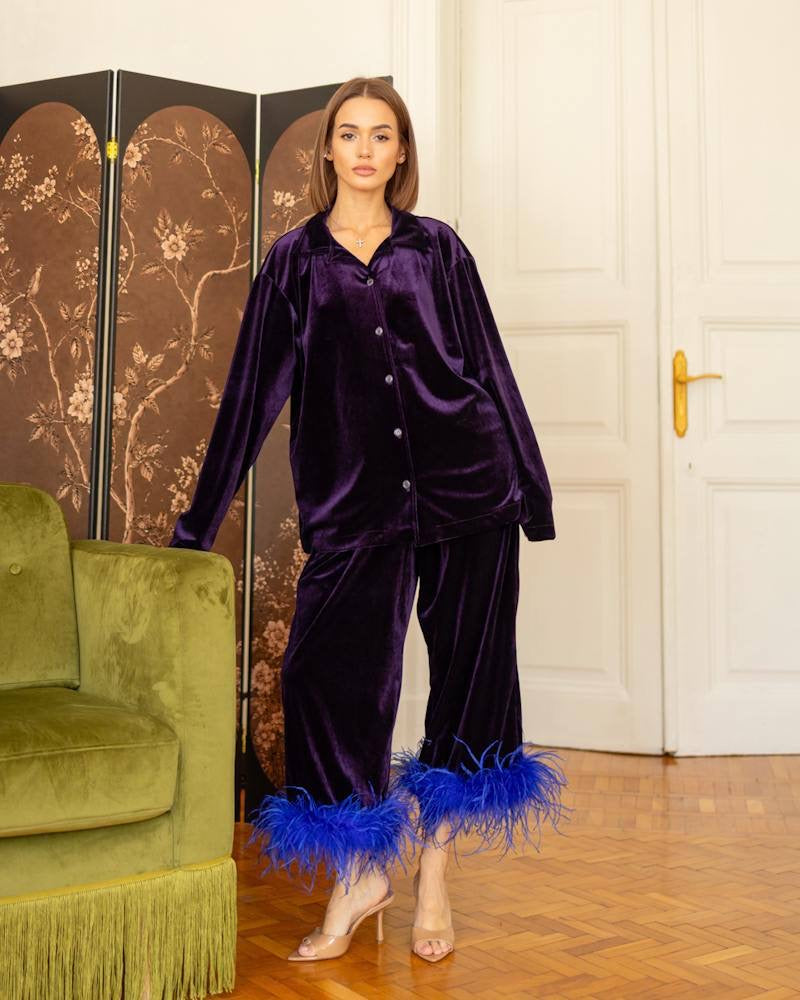 Velvet Feather Trim Two-Piece Set Purple