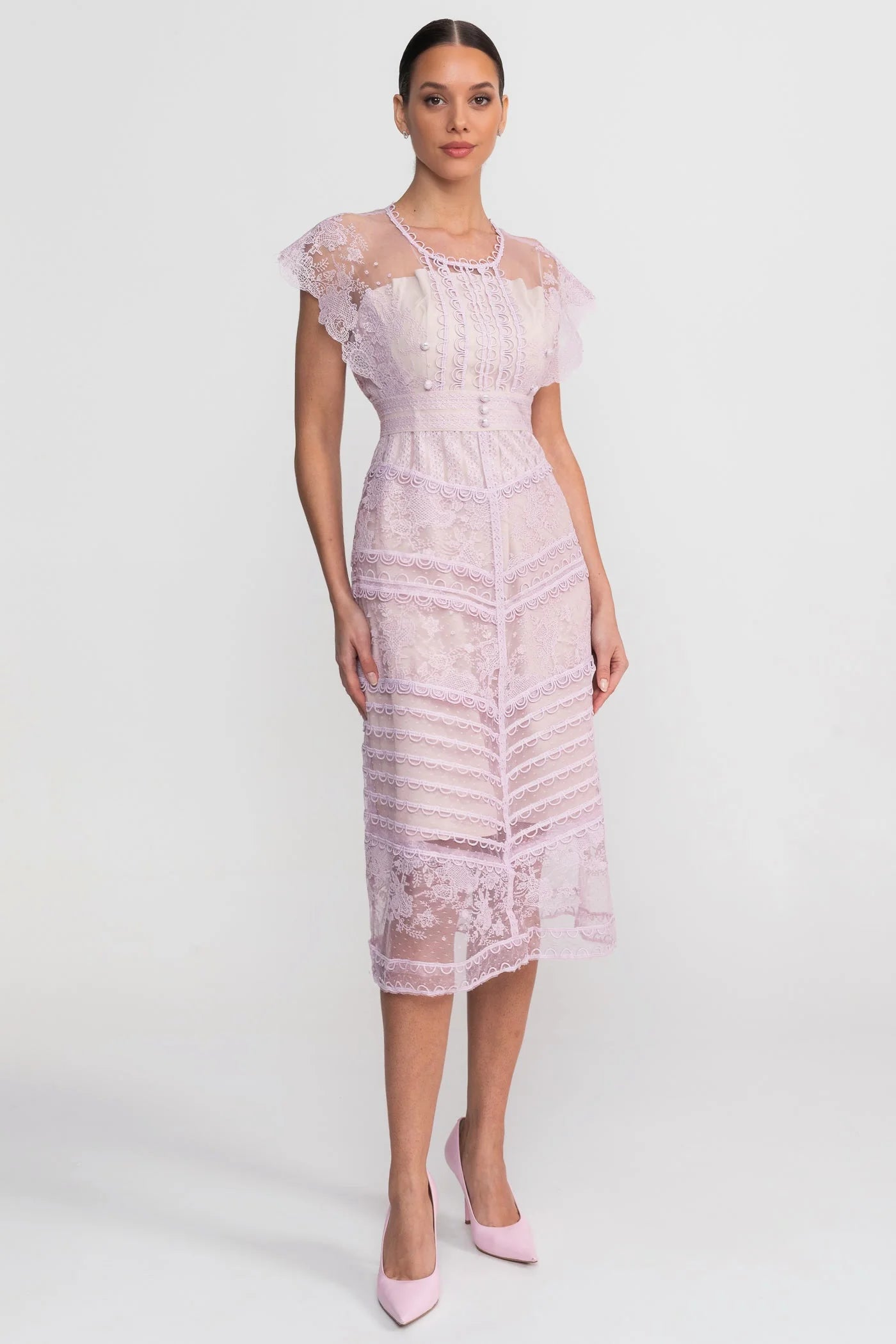 Amelie — pink lace midi dress