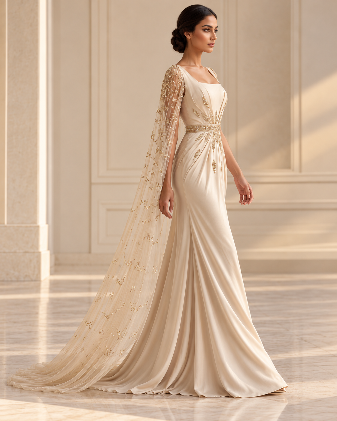Beige Embellished Maxi Dress with Sheer Cape