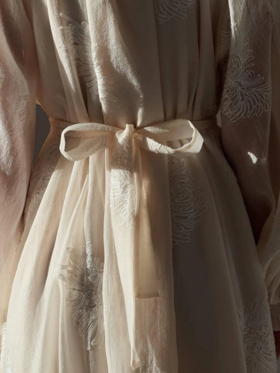 Embroidered Belted Maxi Dress — Beige