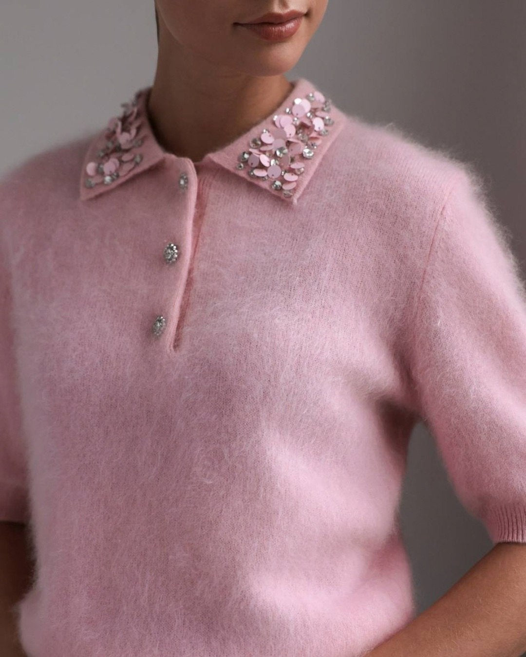 Embellished Collar Knit Top — Pink