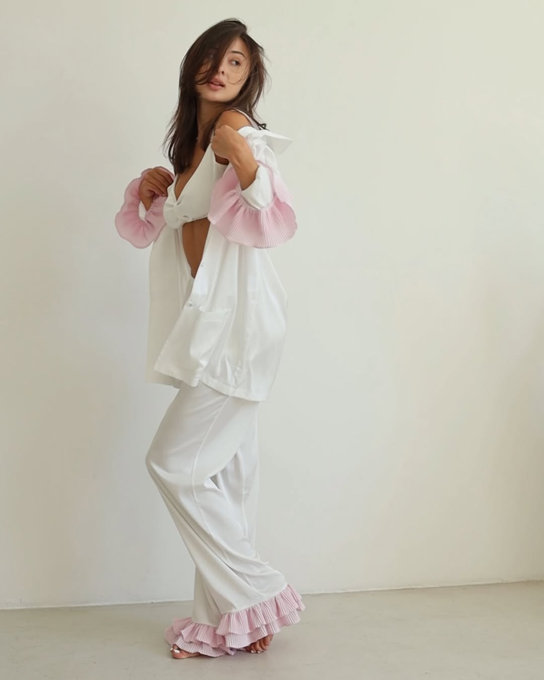 Aurora — silk lounge set with pink ruffles