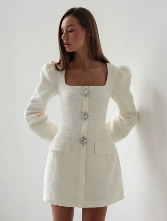 Crystal Button Tweed Mini Dress