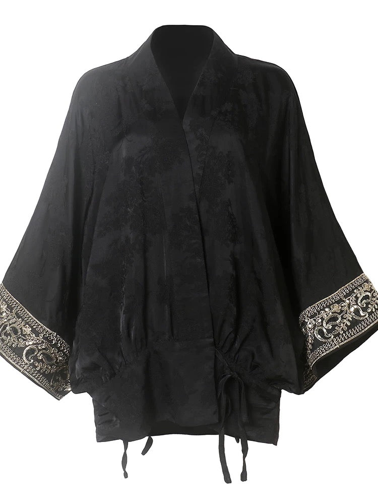 Black Brocade Dress & Embroidered Kimono Set