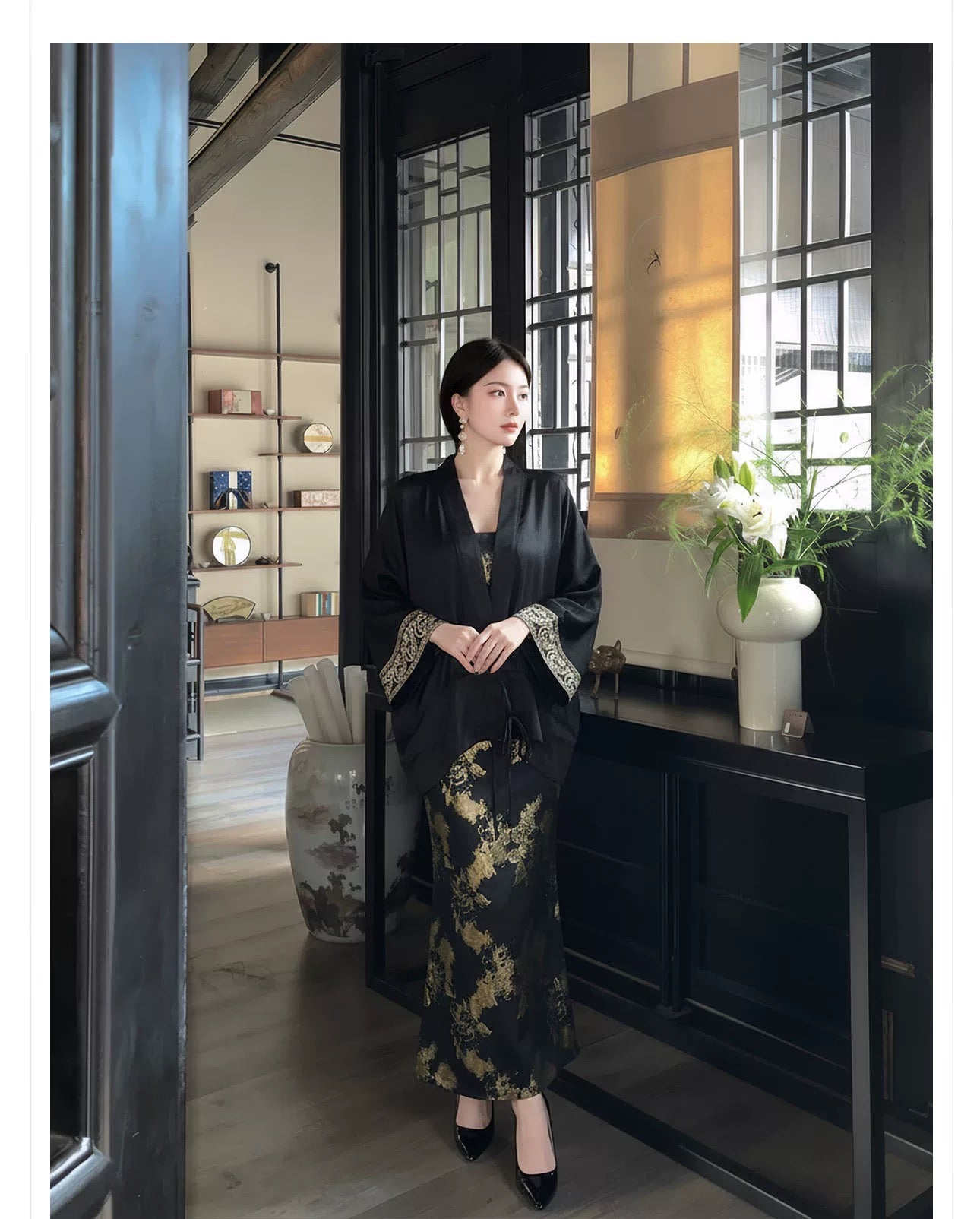 Black Embroidered Satin Kimono