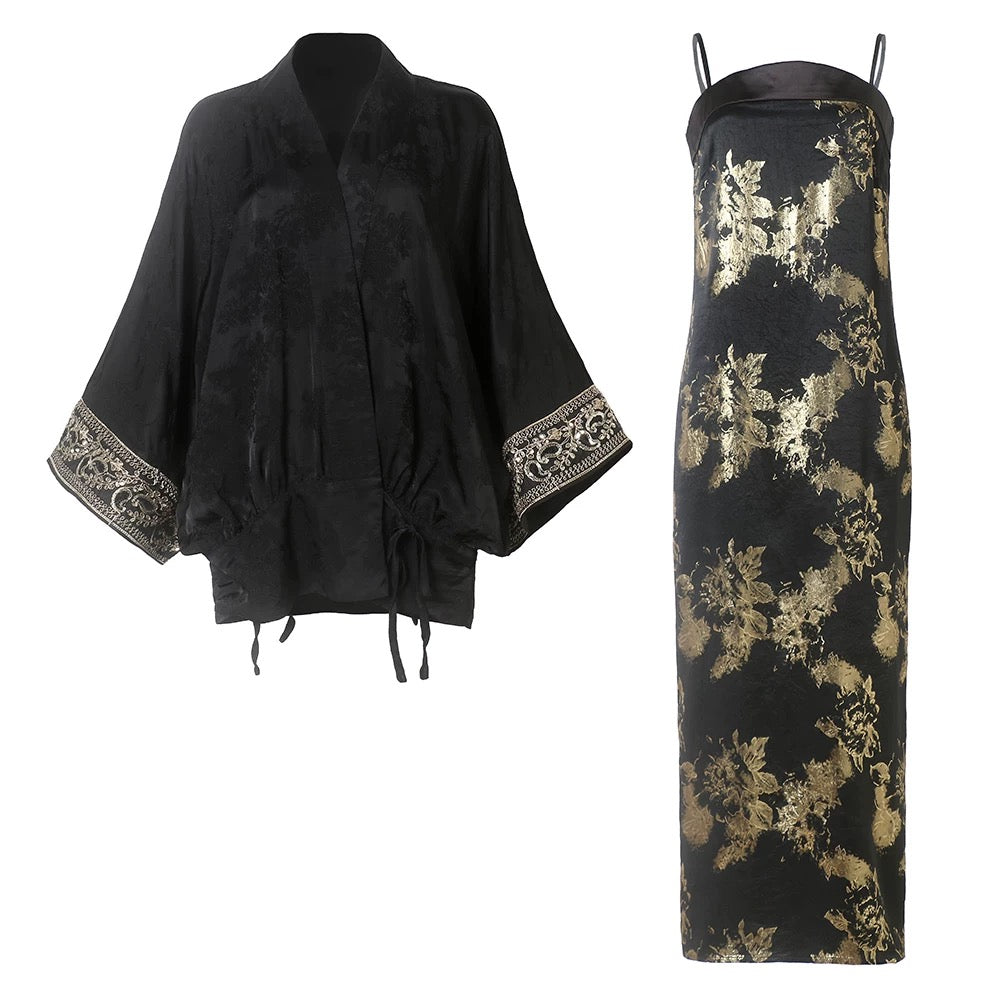 Black Brocade Dress & Embroidered Kimono Set