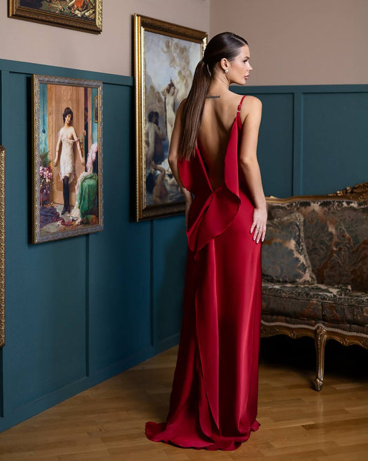 A-Mora Silk-Flow Back Draped Gown (Red)
