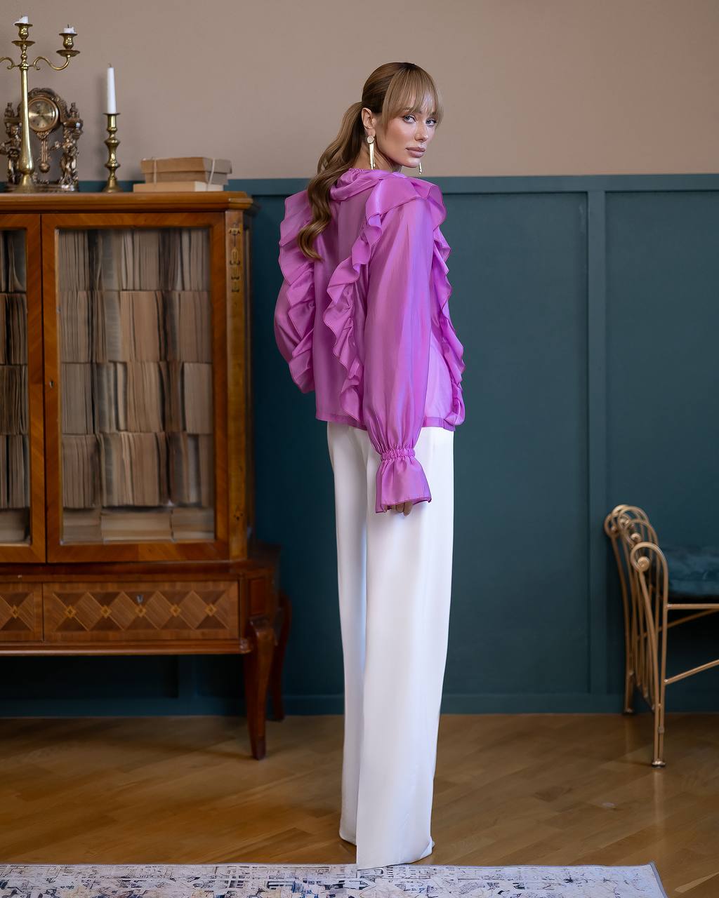 A-Mora Ruffled Sheer Chiffon Blouse (Pink)