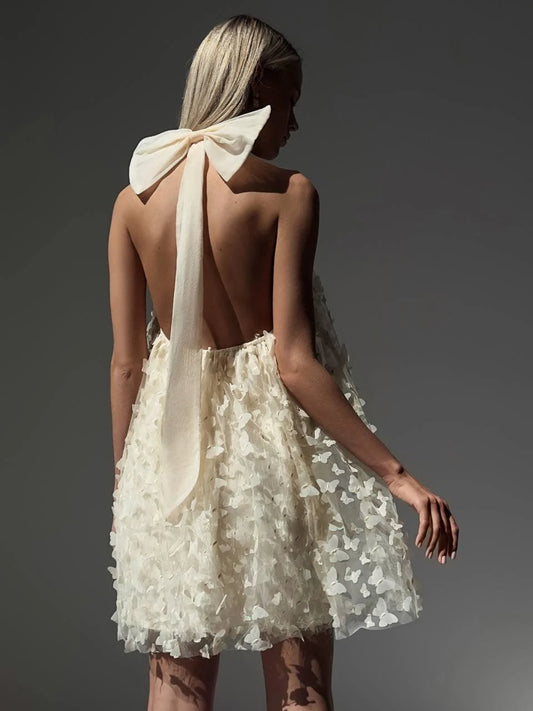 Butterflies Open-Back Mini Dress Beige