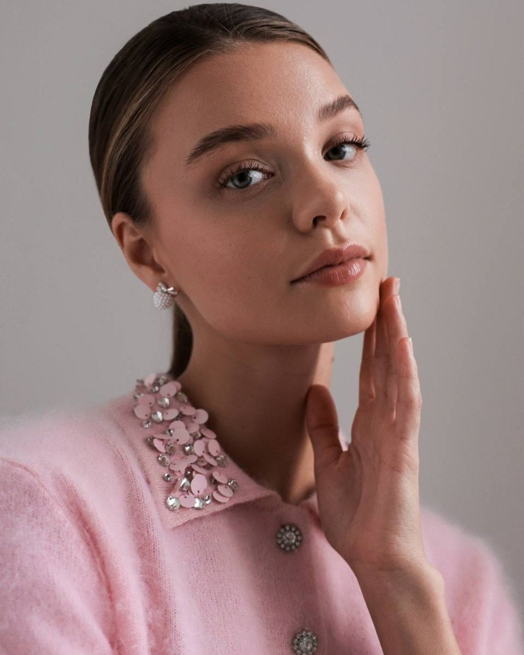 Embellished Collar Knit Top — Pink