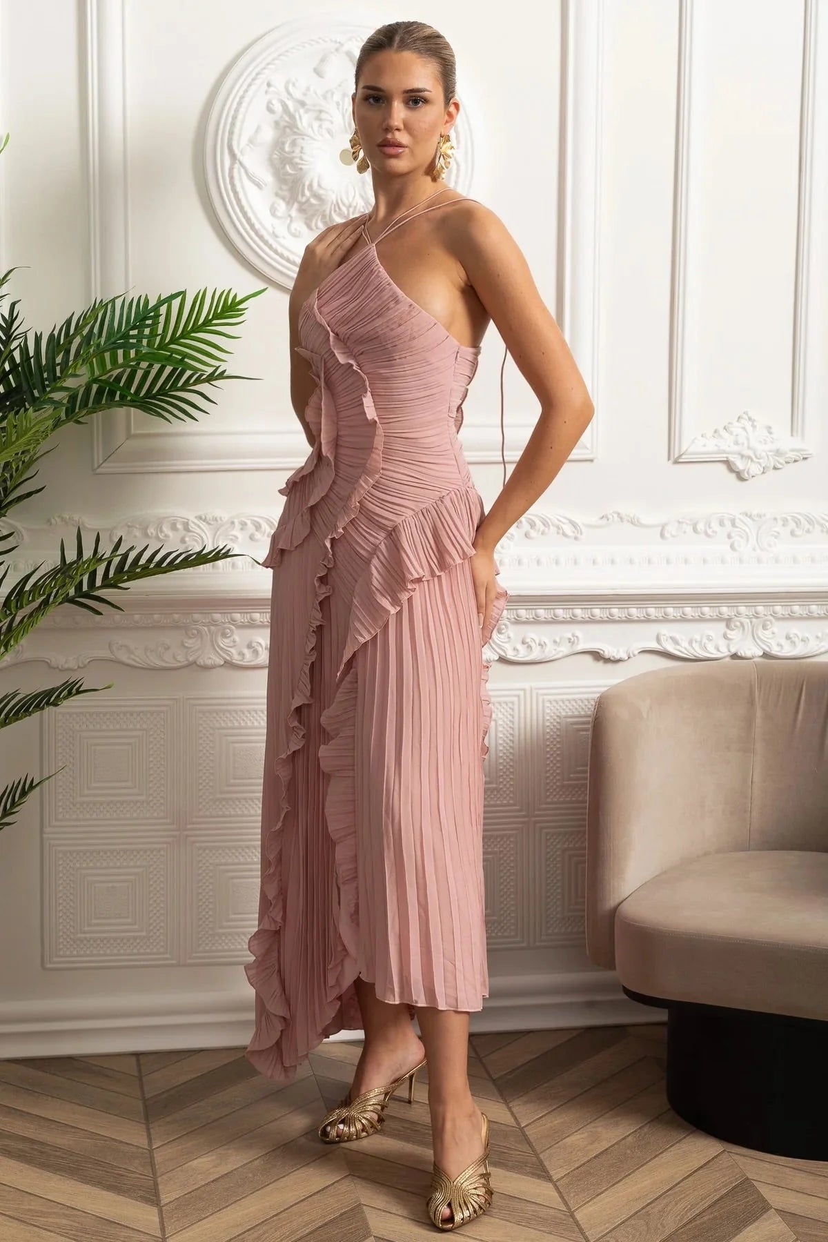 Rosete Pleated Ruffle Dress Milk Blush