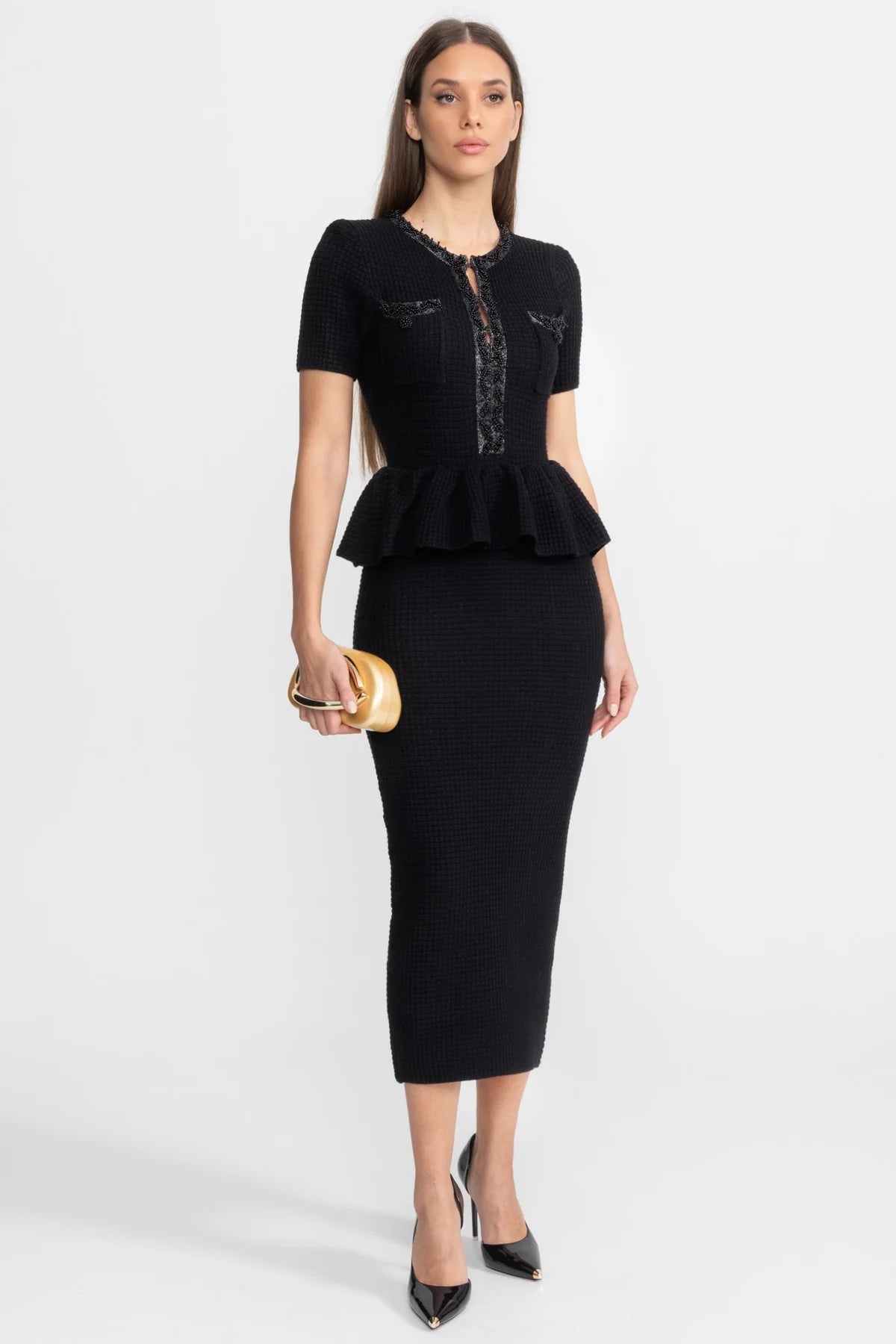 Rosalie black peplum midi dress