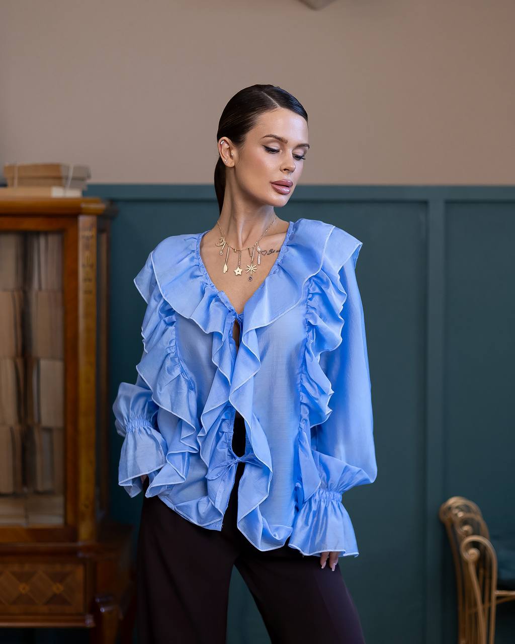 A-Mora Ruffled Sheer Chiffon Blouse Blue