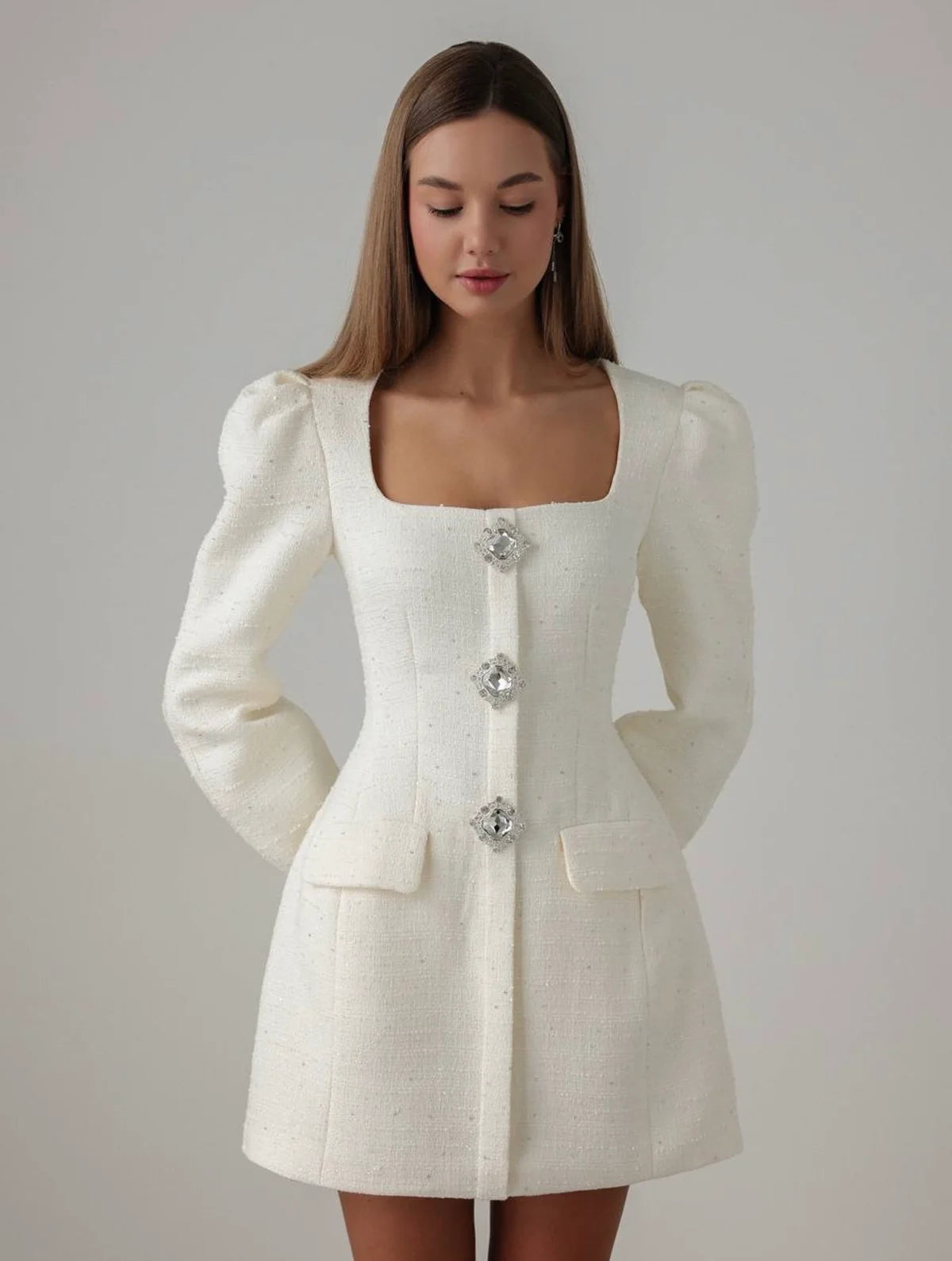 Crystal Button Tweed Mini Dress
