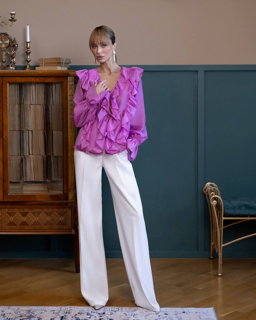 A-Mora Ruffled Sheer Chiffon Blouse (Pink)