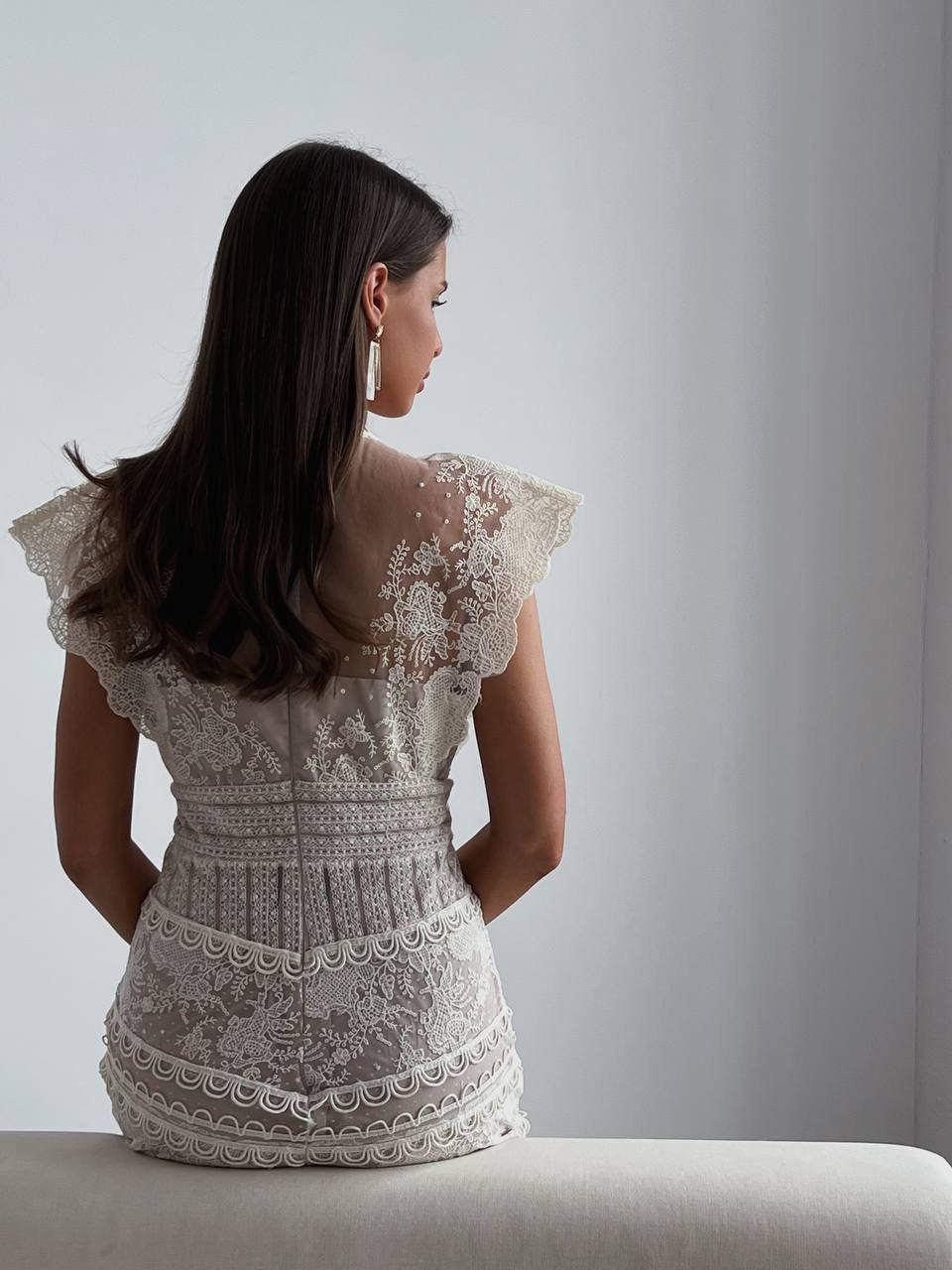 Embroidered Lace Midi Dress — Beige