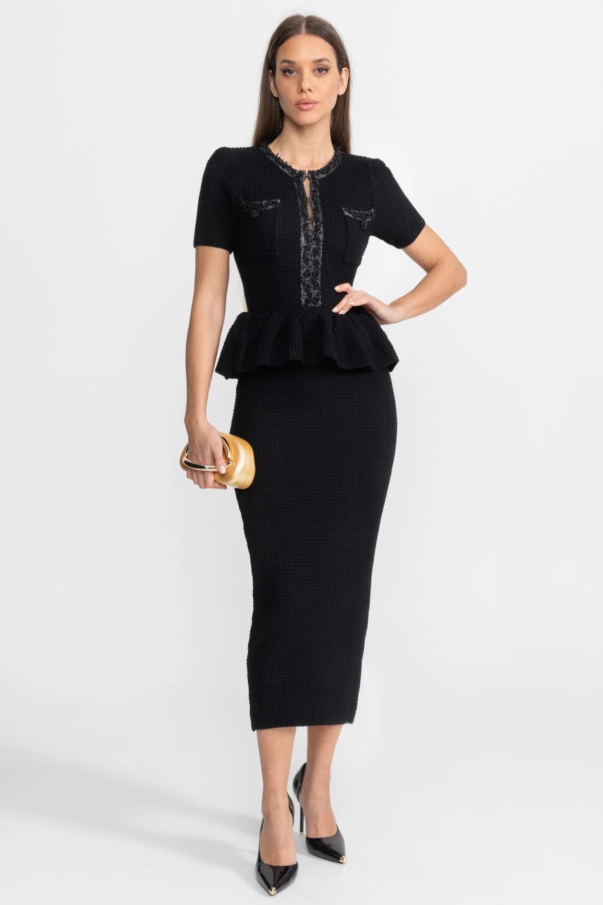 Rosalie black peplum midi dress