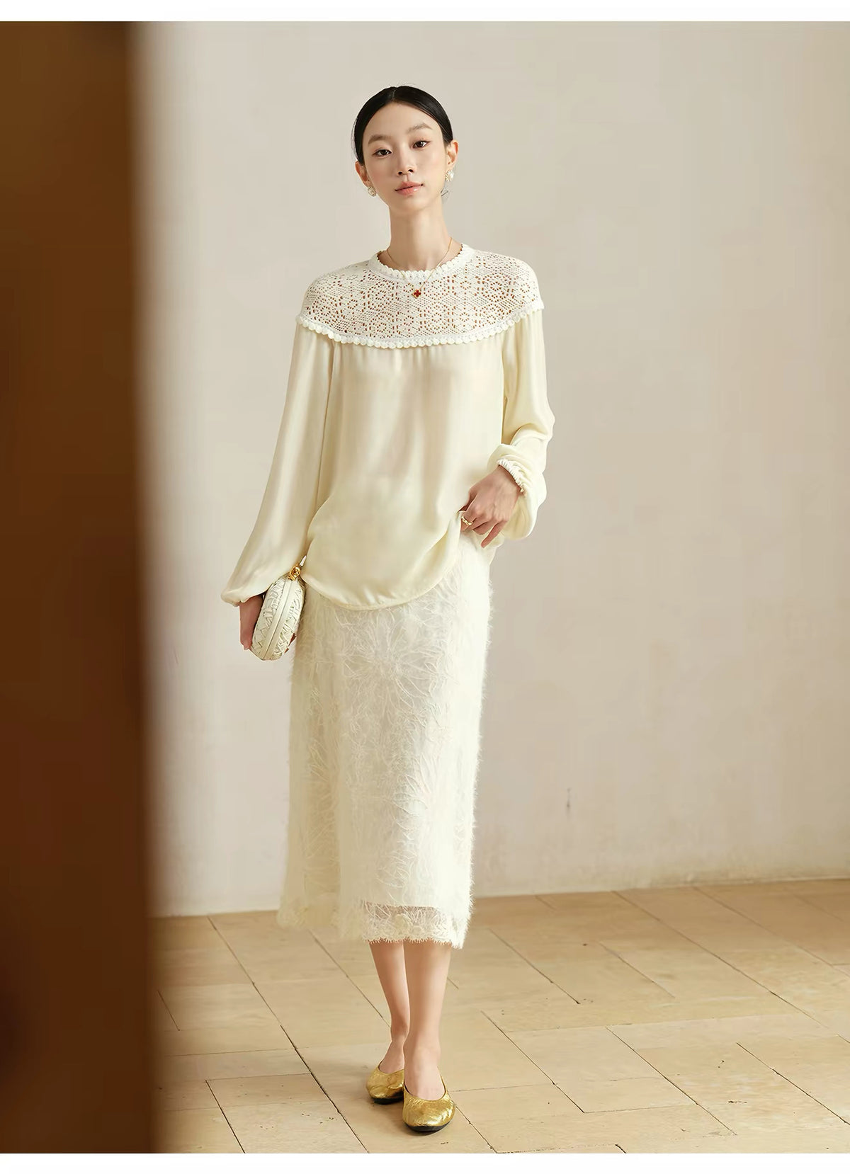 Textured Embroidered Midi Skirt — White