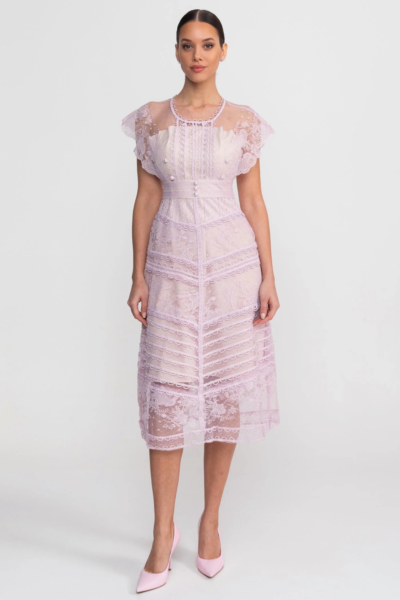 Amelie — pink lace midi dress