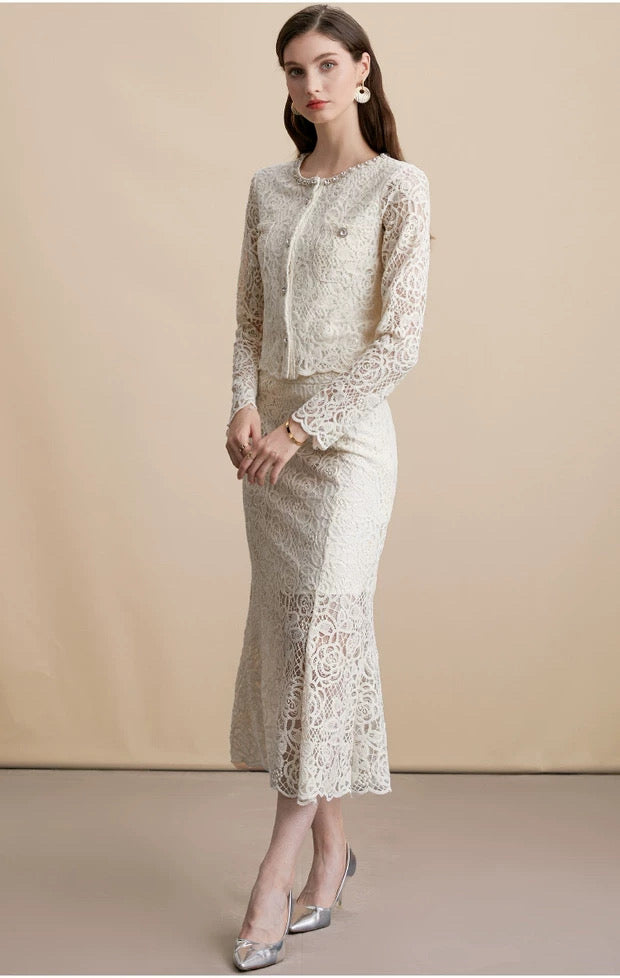 Elara Lace Midi Dress White
