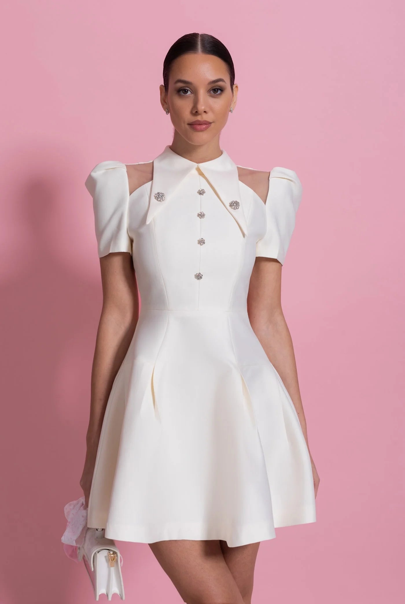Vivienne — ivory mini dress with open shoulders