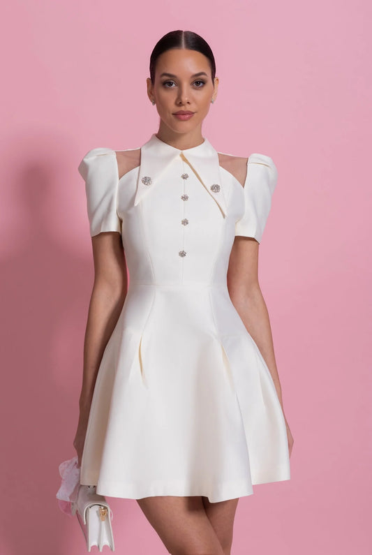 Vivienne — ivory mini dress with open shoulders