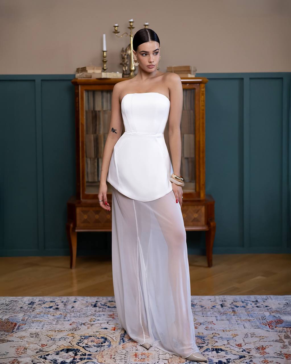 A-Mora Corset Sheer Skirt Gown (White)