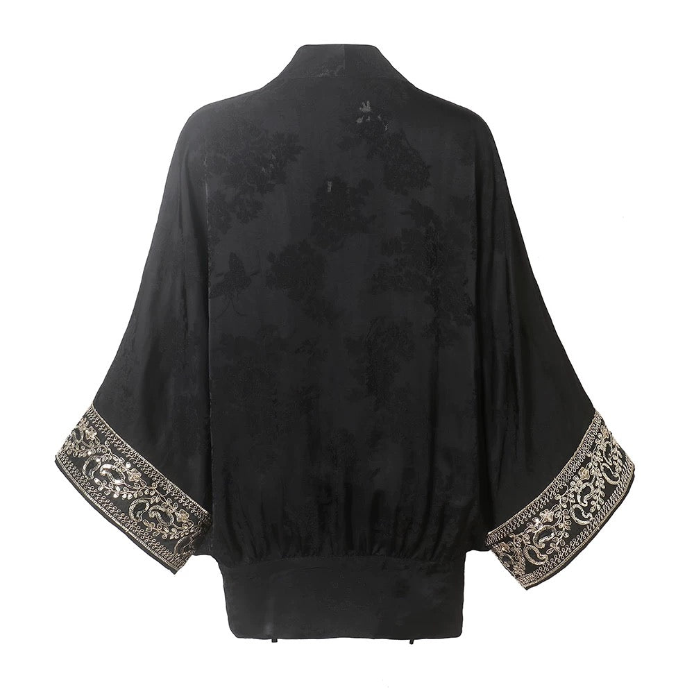 Black Brocade Dress & Embroidered Kimono Set