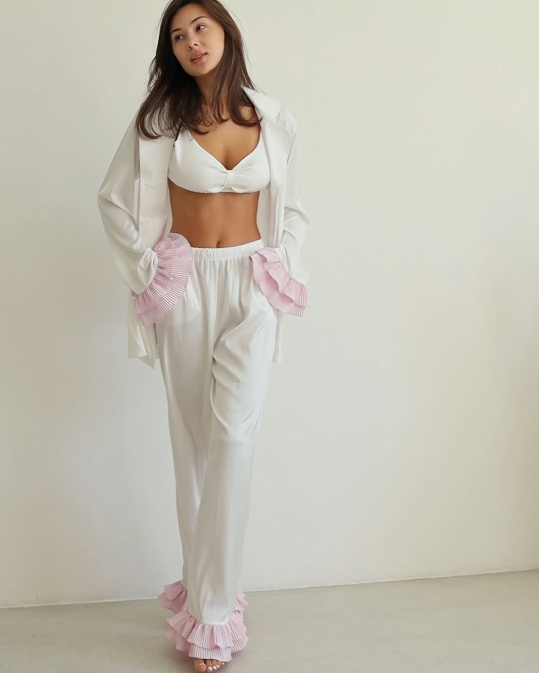 Aurora — silk lounge set with pink ruffles