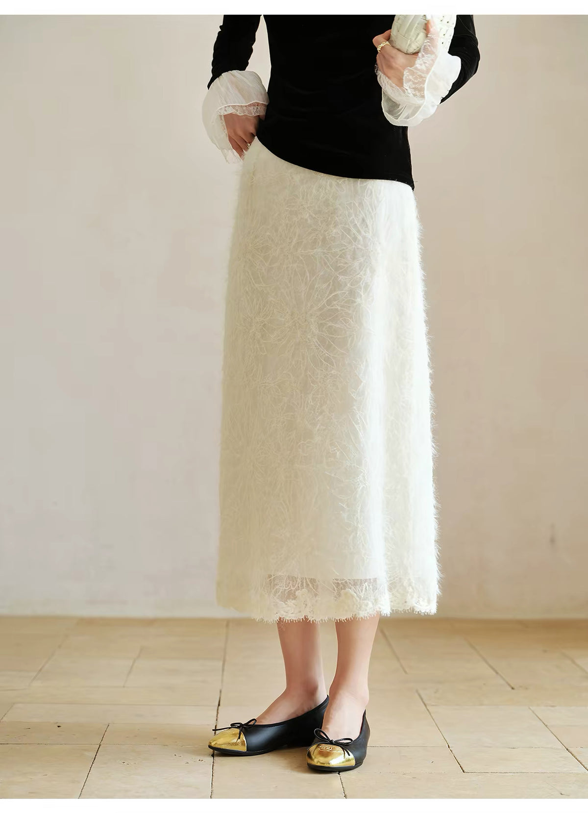 Textured Embroidered Midi Skirt — White