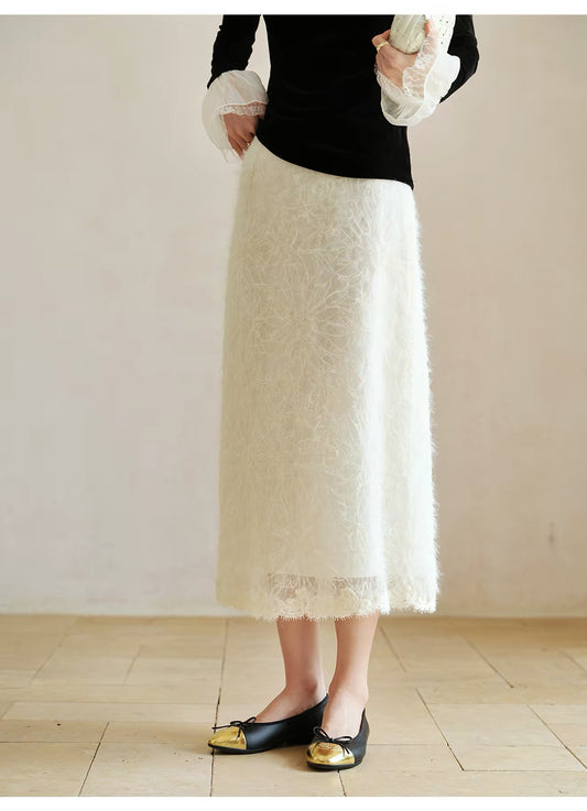 Textured Embroidered Midi Skirt — White