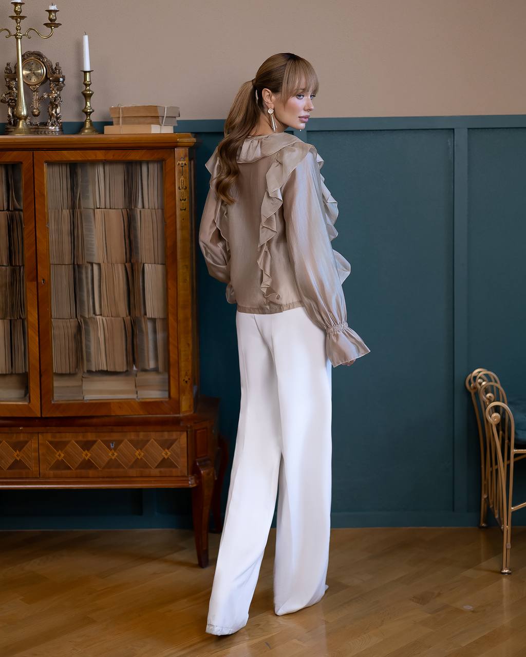 A-Mora Ruffled Sheer Chiffon Blouse (Mocca)