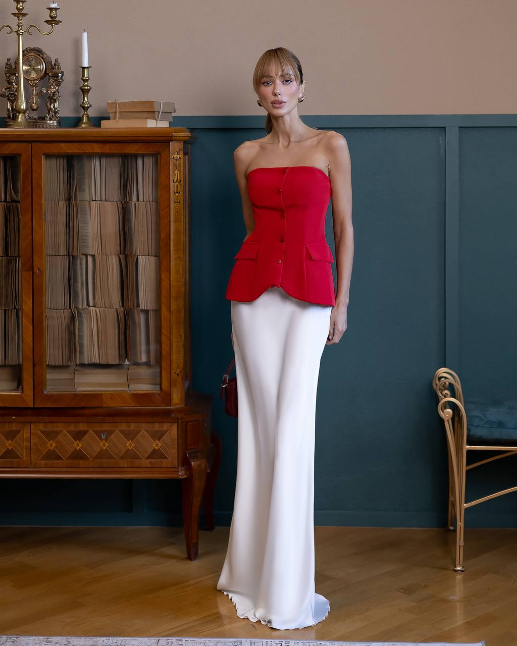 A-Mora Sculpted Button Corset Top (Red)
