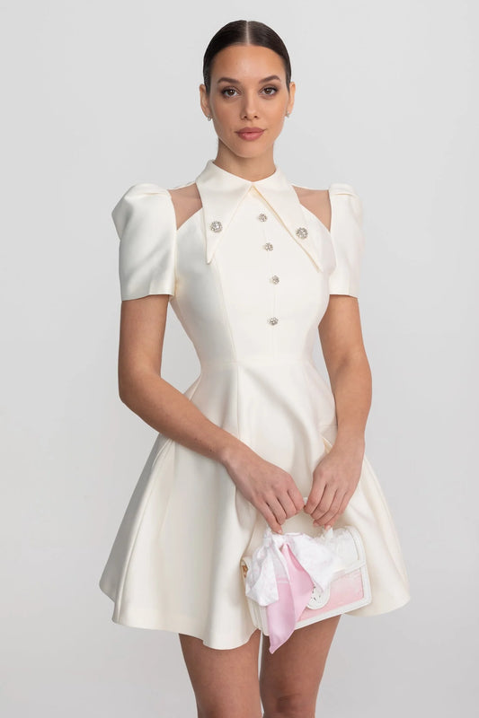 Vivienne — ivory mini dress with open shoulders