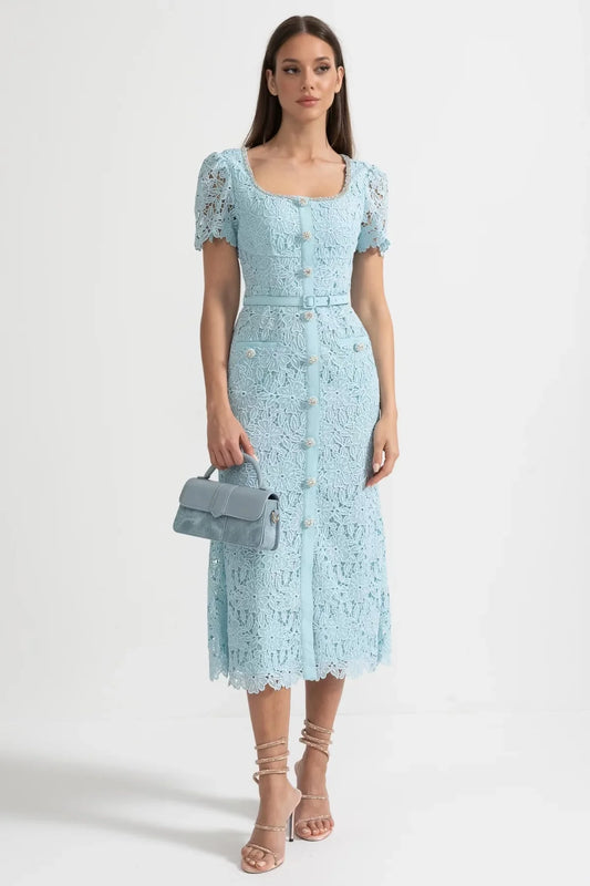 Celina — blue lace midi dress with belt