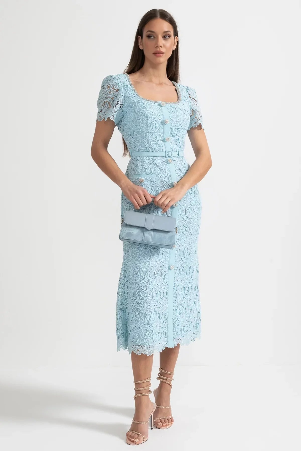 Celina — blue lace midi dress with belt