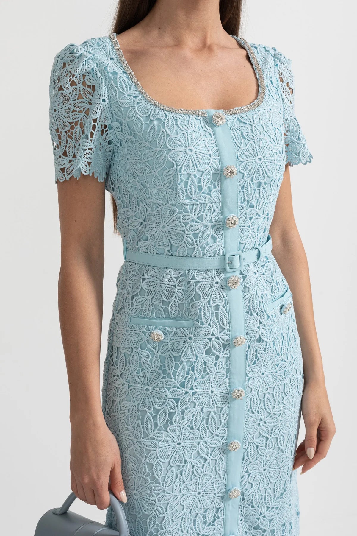 Celina — blue lace midi dress with belt