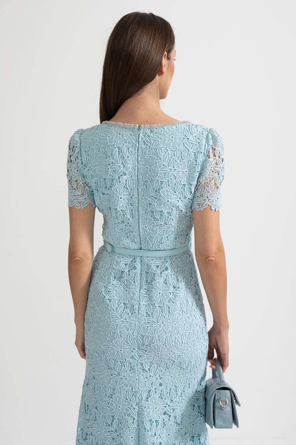 Celina — blue lace midi dress with belt