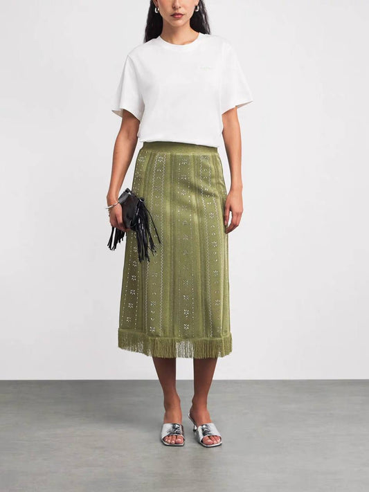 Olive Fringe Embellished Midi Skirt