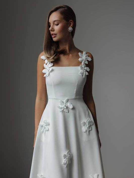 Camellia 3D Floral Midi Dress — White