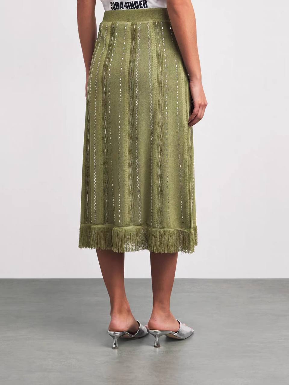 Olive Fringe Embellished Midi Skirt