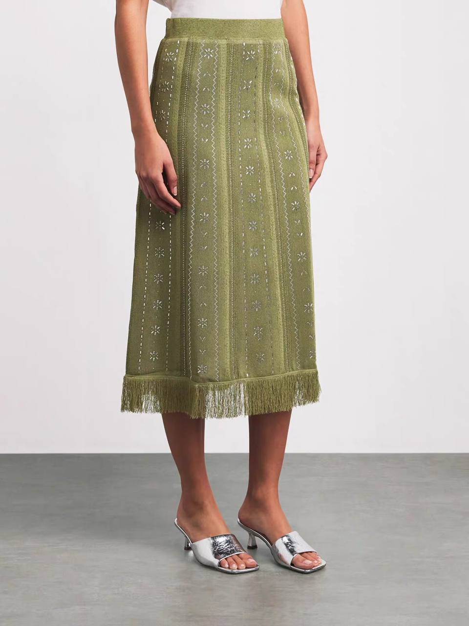 Olive Fringe Embellished Midi Skirt
